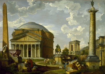 Fantasieaanzicht met het Pantheon en andere monumenten van het oude Rome door Giovanni Paolo Pannini